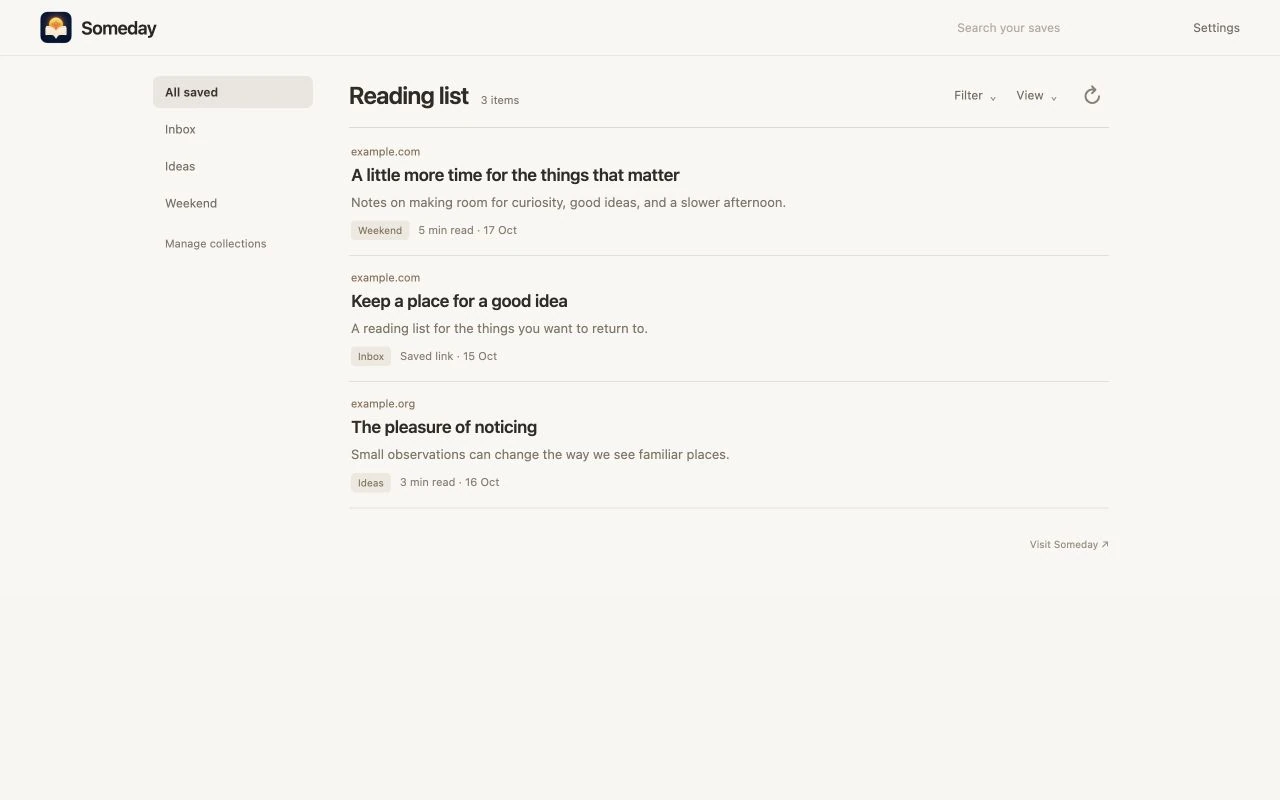 Save to Someday browser reading list with collections, search and sample saved articles