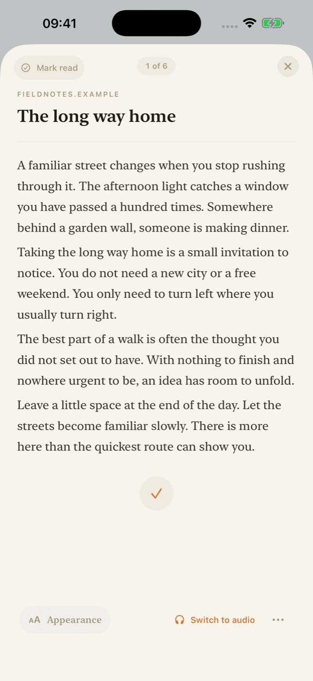 Someday focused reader showing a saved article
