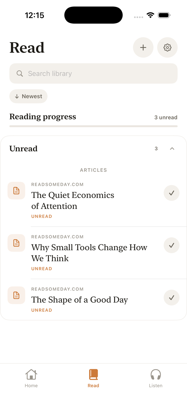 Someday Read library showing three unread sample articles
